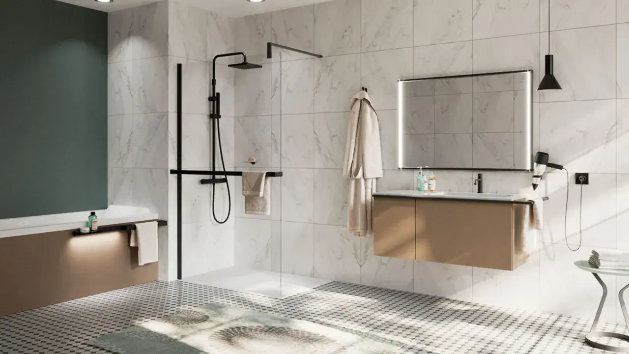Modern bathroom with a walk-in shower, bathtub, and vanity. Las duchas de obra a ras de suelo fotos muestran un diseño elegante.