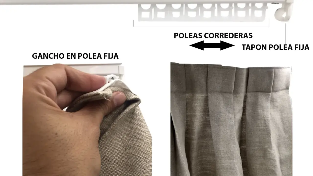 Detalle de cómo colgar cortinas: gancho en polea fija y poleas correderas en riel blanco.