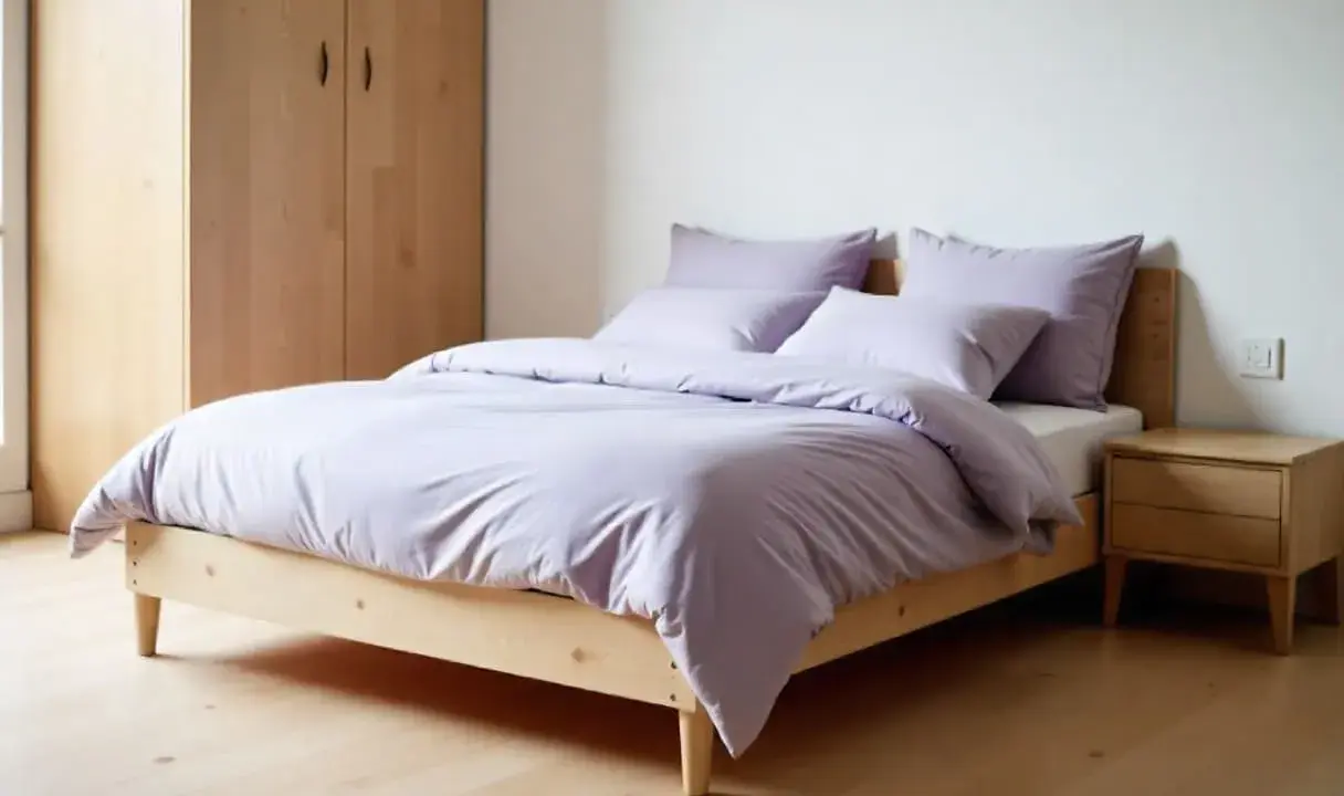 Cama con funda nórdica Bassols en tono lavanda, almohadas a juego, mesita de noche de madera y armario.