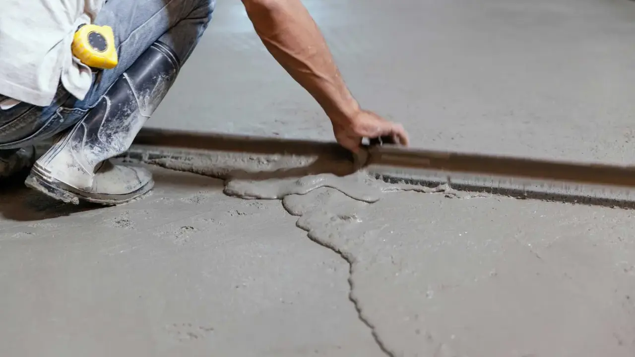 Obrero con botas de goma y cinta métrica en el bolsillo, usando una regla para nivelar suelo de cemento fresco.