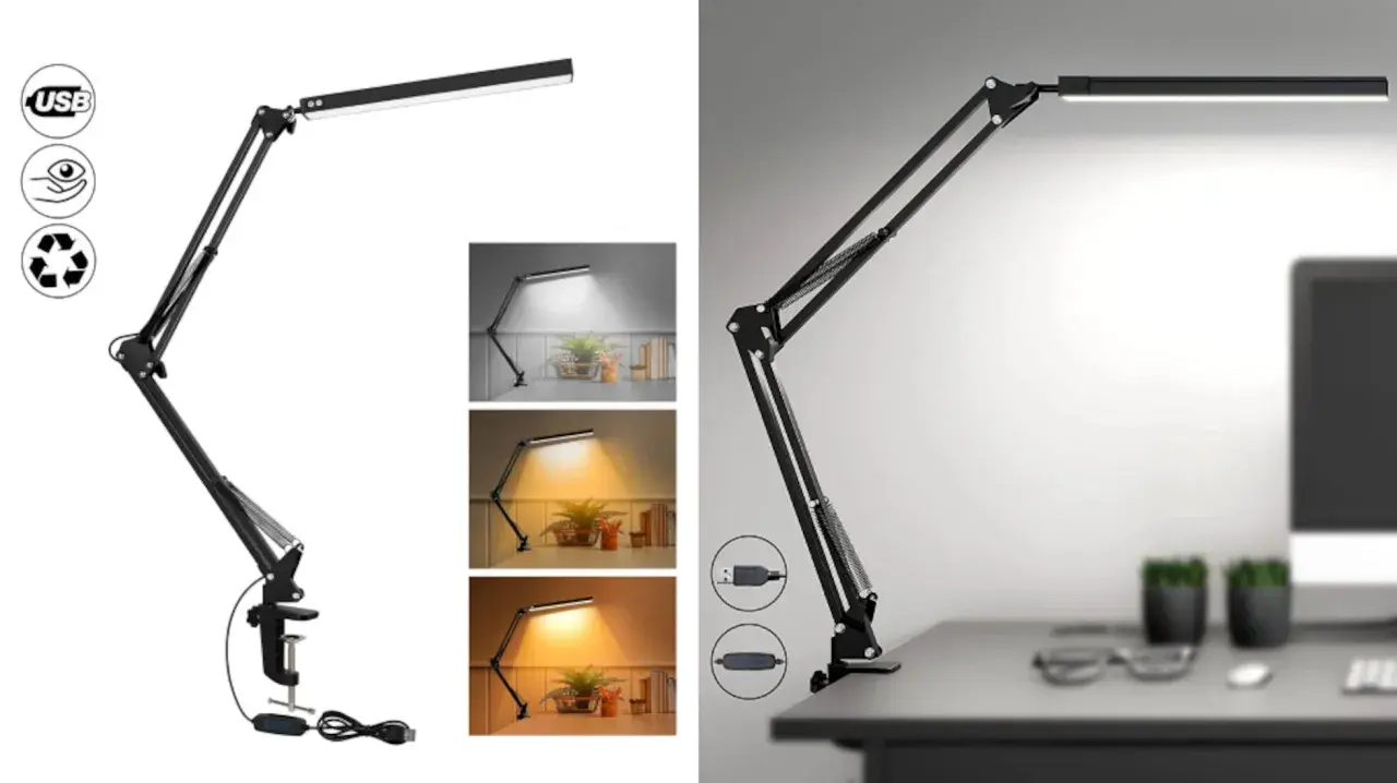 Lámpara LED articulada con clip, ideal para encontrar cual es la mejor luz para estudiar. Muestra diferentes tonalidades de luz.