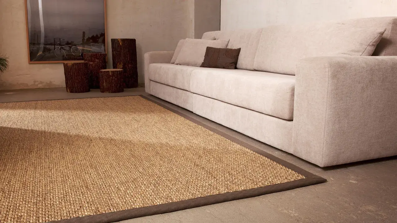Alfombra sisal 200x300 de fibras naturales, ideal para crear un ambiente cálido y acogedor junto a un sofá beige.