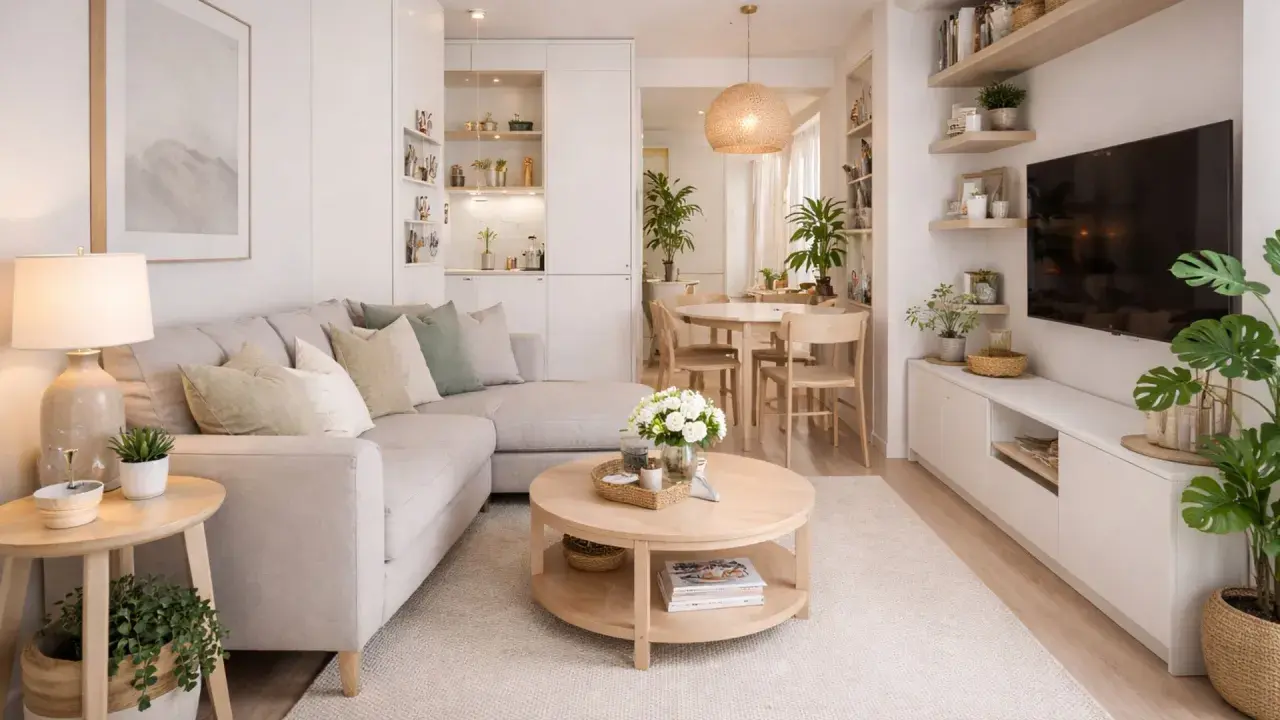 Un salón acogedor y luminoso, perfecto para el tiny living. Sofá modular, mesa de centro redonda y rincón de comedor.