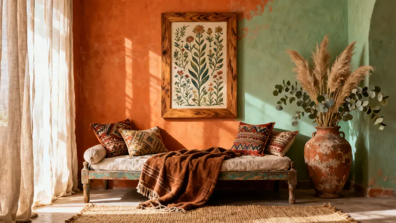 Sofá de estilo boho chic con cojines étnicos, manta de terracota y cuadro de flores. Paredes en naranja y verde.