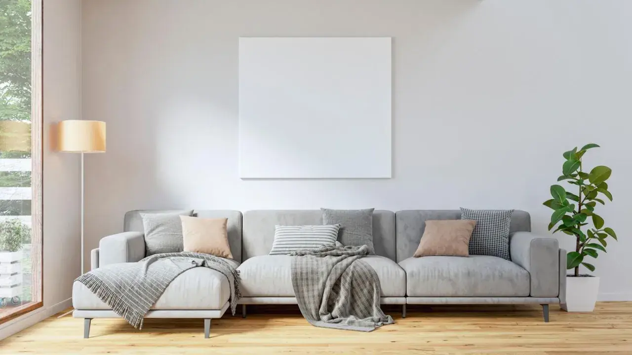 Un sofá gris moderno, listo para decorar con cojines y mantas, junto a una lámpara y una planta.