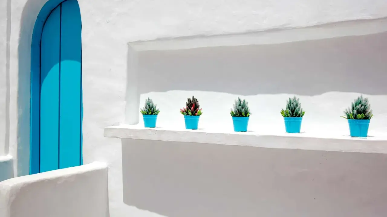 Fachada blanca con puerta azul brillante y cinco macetas con plantas. La textura de la pared sugiere que se usó pintar con cal.