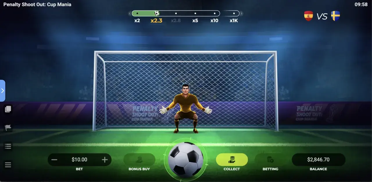 Modo demo de Penalty Shoot Out de Evoplay: para qué sirve. Pantalla de juego de fútbol con portero, balón y opciones de apuesta.