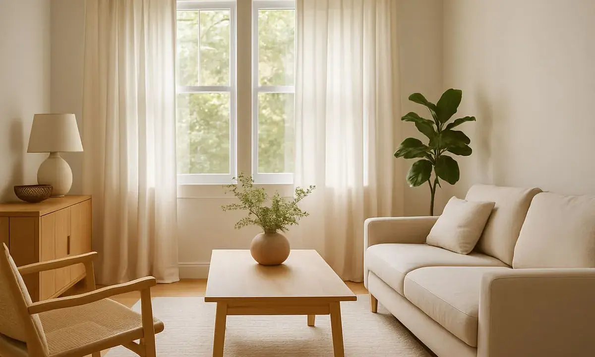 Sofá beige y silla de madera con asiento de lino tejido, junto a una mesa de centro de madera y cortinas claras.