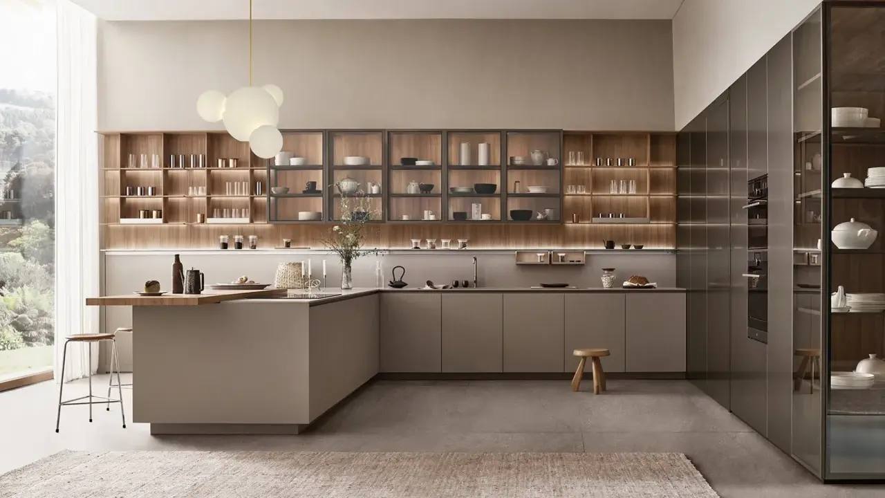 Cocina con península abierta al salón, con estanterías de madera y electrodomésticos integrados.