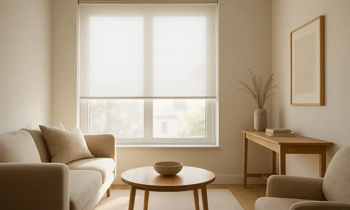 Salón acogedor con sofá beige, mesa de centro de madera y estor enrollable noche y día que filtra la luz.