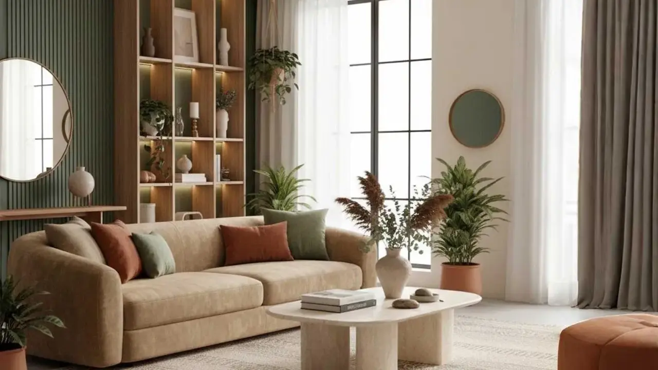Sofá beige con cojines color terracota y verde, mesa de centro ovalada con libros y jarrones, y estanterías llenas de objetos decorativos, creando centros de mesa modernos.