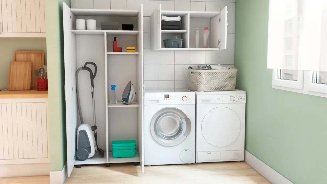 Lavaderos ideas: aspiradora, plancha y lavadora organizados en un espacio moderno y funcional.
