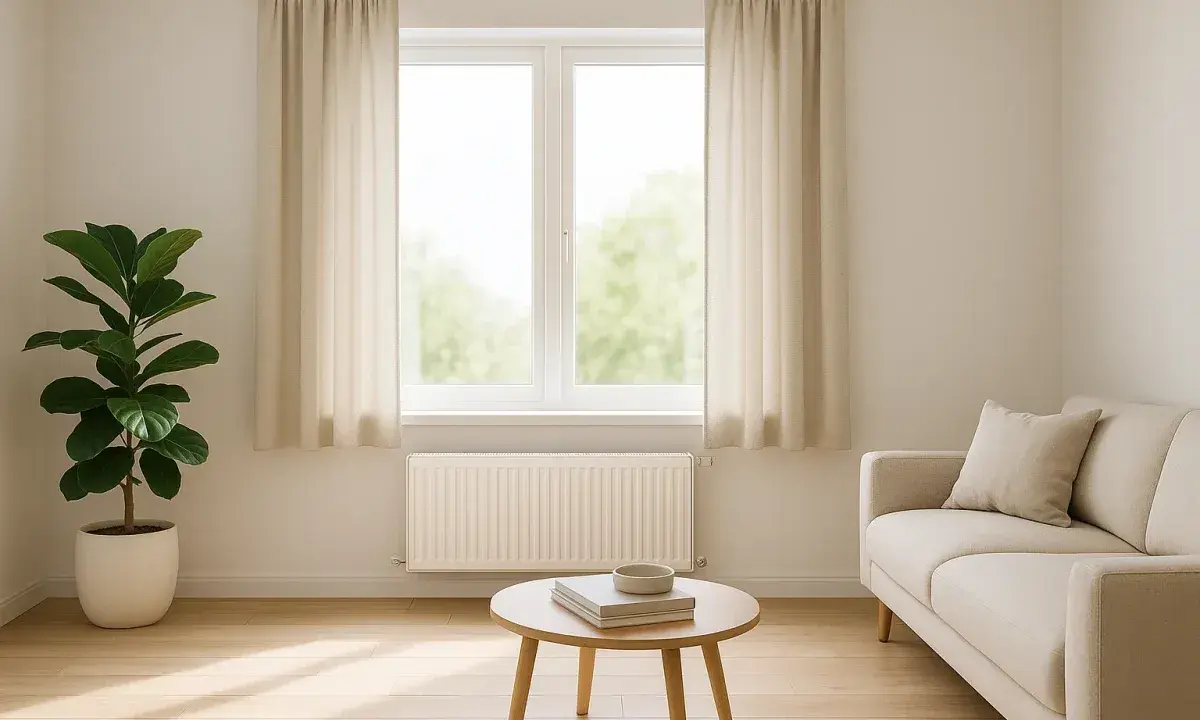 Cortinas beige cuelgan sobre un radiador blanco. Un sofá y una planta adornan la sala.