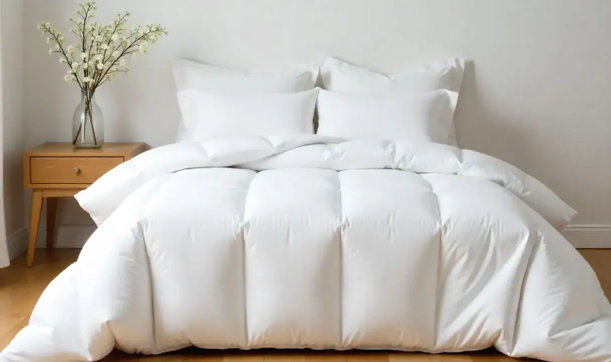 Cama impecable con edredón plumón oca blanco y cojines. Un jarrón con flores decora la mesita de noche.