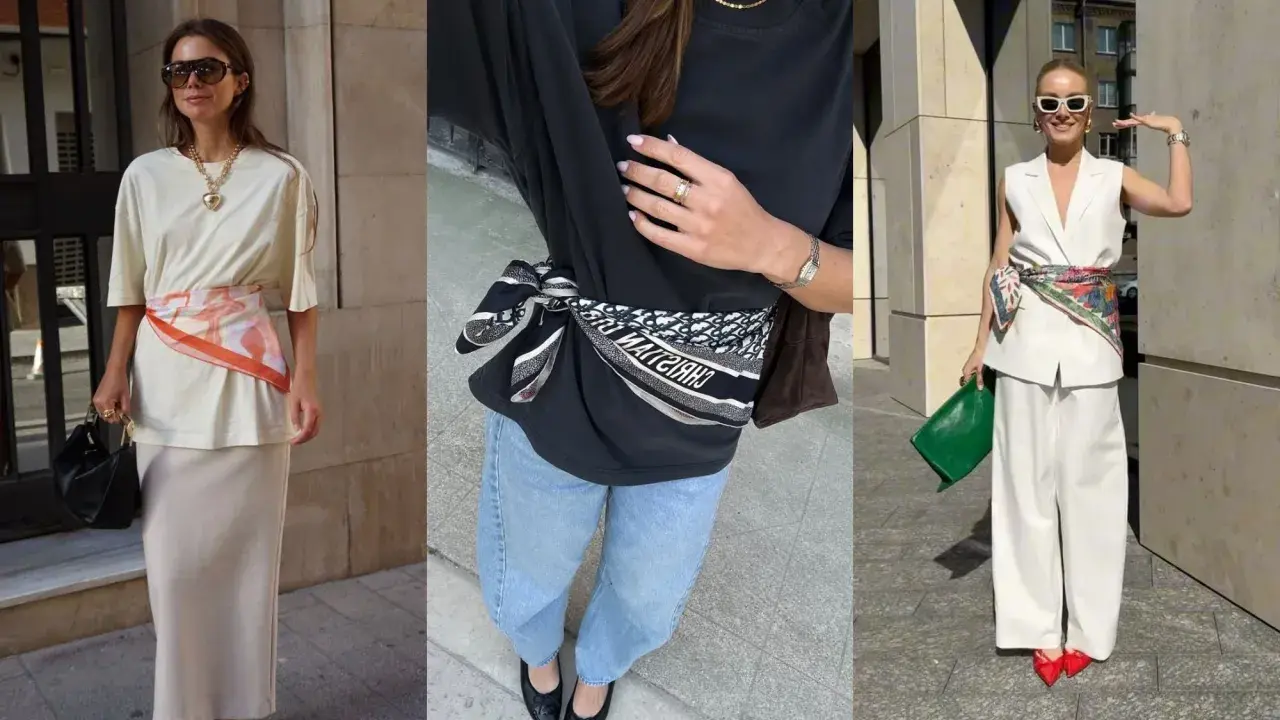 Tres mujeres lucen un foulard Bassetti atado a la cintura, aportando un toque de color y estilo a sus atuendos.