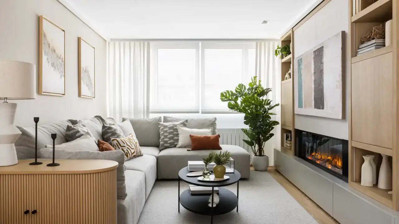 Acogedora decoracion salon pequeño con sofá gris, chimenea moderna y estanterías de madera.