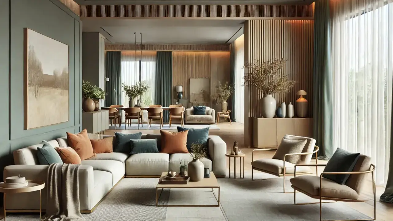 Elegante salón con sofás blancos y cojines en tonos tierra y verde azulado. Paredes en verde salvia, inspirando colores de moda para pintar casa.