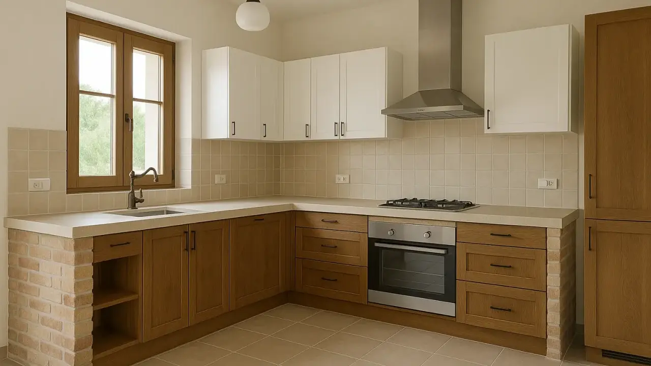 Cocina de obra con encimera de hormigón, muebles de madera y ladrillo visto. Ventana con grifo y campana extractora sobre la vitrocerámica.