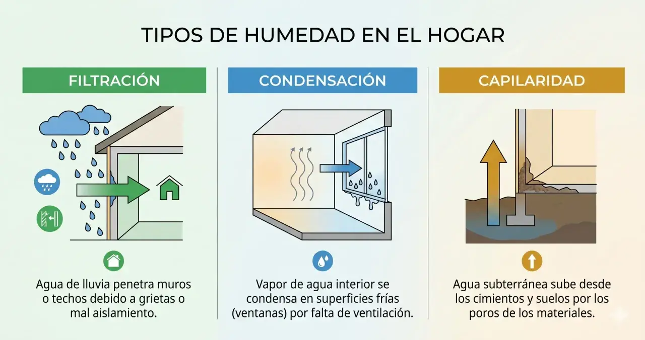Ilustración muestra tres tipos de humedad en el hogar: filtración de lluvia, condensación interior y capilaridad. Aprende cómo quitar humedad de la pared.