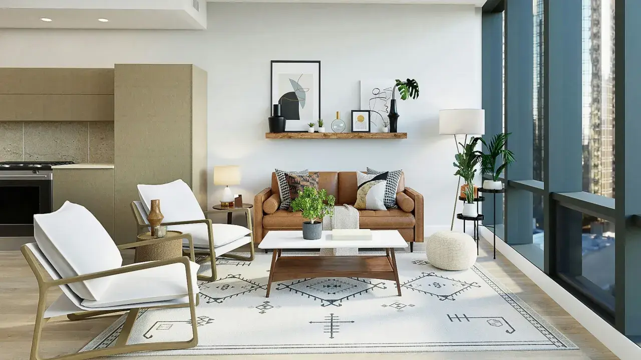 Sofá de cuero, sillas blancas y alfombra geométrica crean un ambiente moderno. Estilos de decoración que combinan confort y diseño.