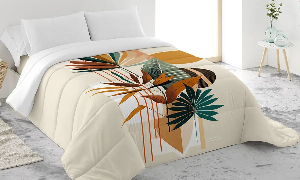 Edredón antilo con estampado botánico abstracto en tonos tierra y verdes. Un toque natural y moderno para tu dormitorio.