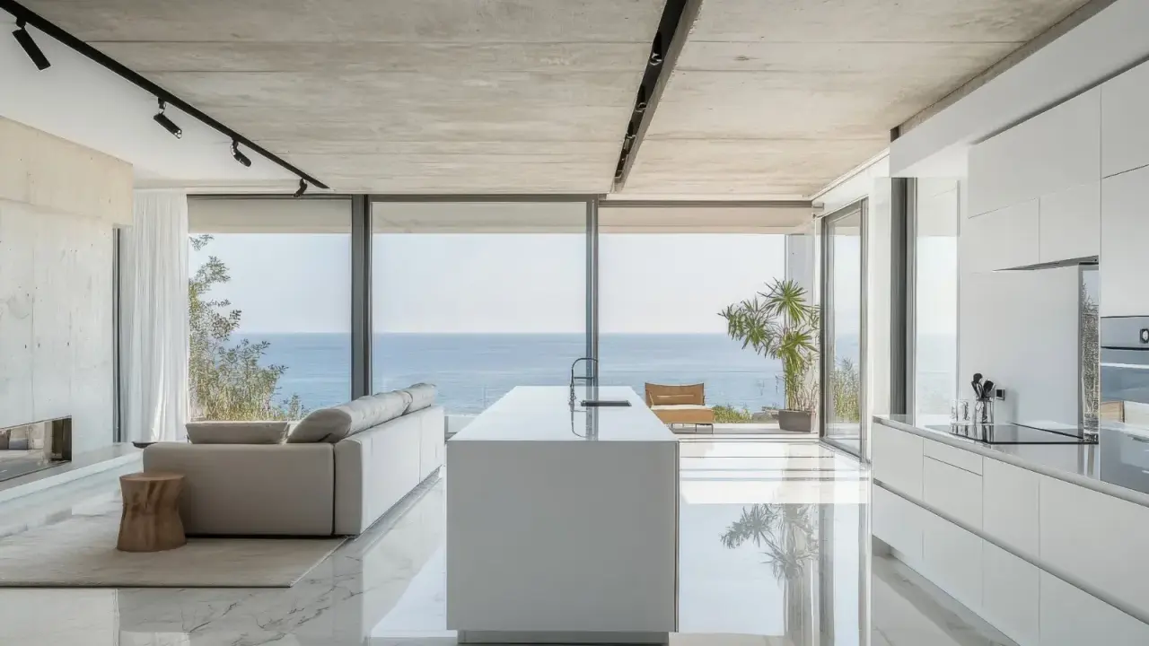 Moderna cocina americana y salón con vistas al mar. Isla blanca, sofá gris y suelo de mármol brillante.