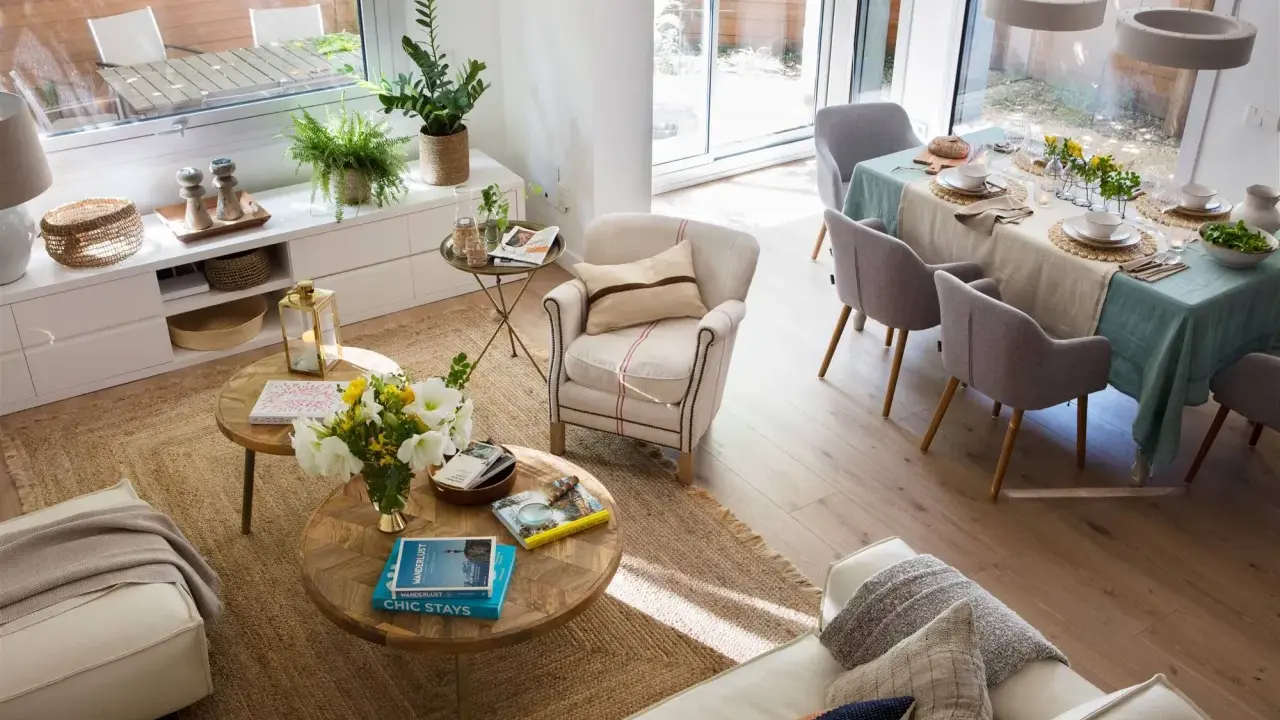 Espacio luminoso con sofás, mesas de centro y una mesa de comedor lista para una comida. La distribución del comedor es funcional y acogedora.