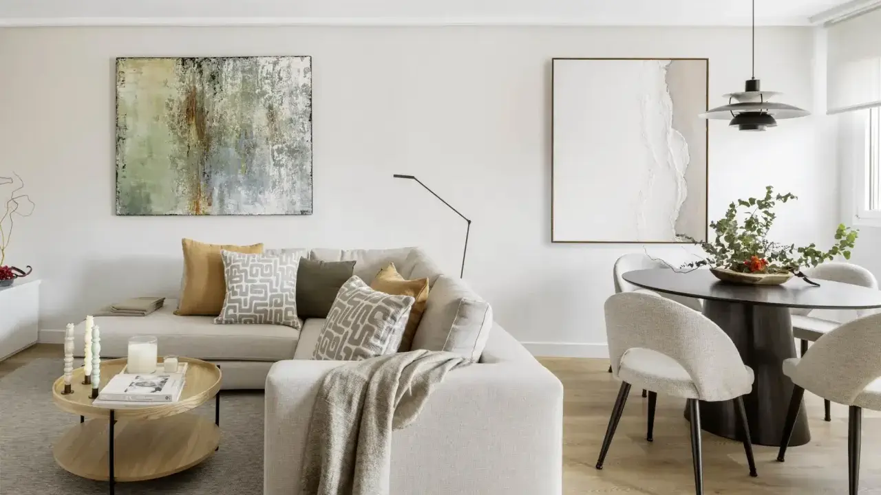Salones con colores neutros: sofá beige, mesa de centro de madera, cuadros abstractos y mesa de comedor con sillas tapizadas.