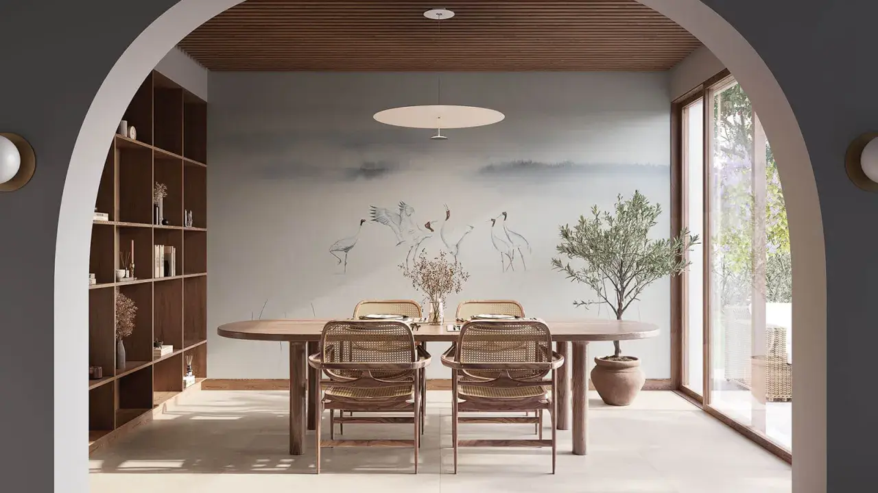 Comedor con mural de grullas, estantería de madera y mesa ovalada. Un espacio que evoca la armonía del feng shui.
