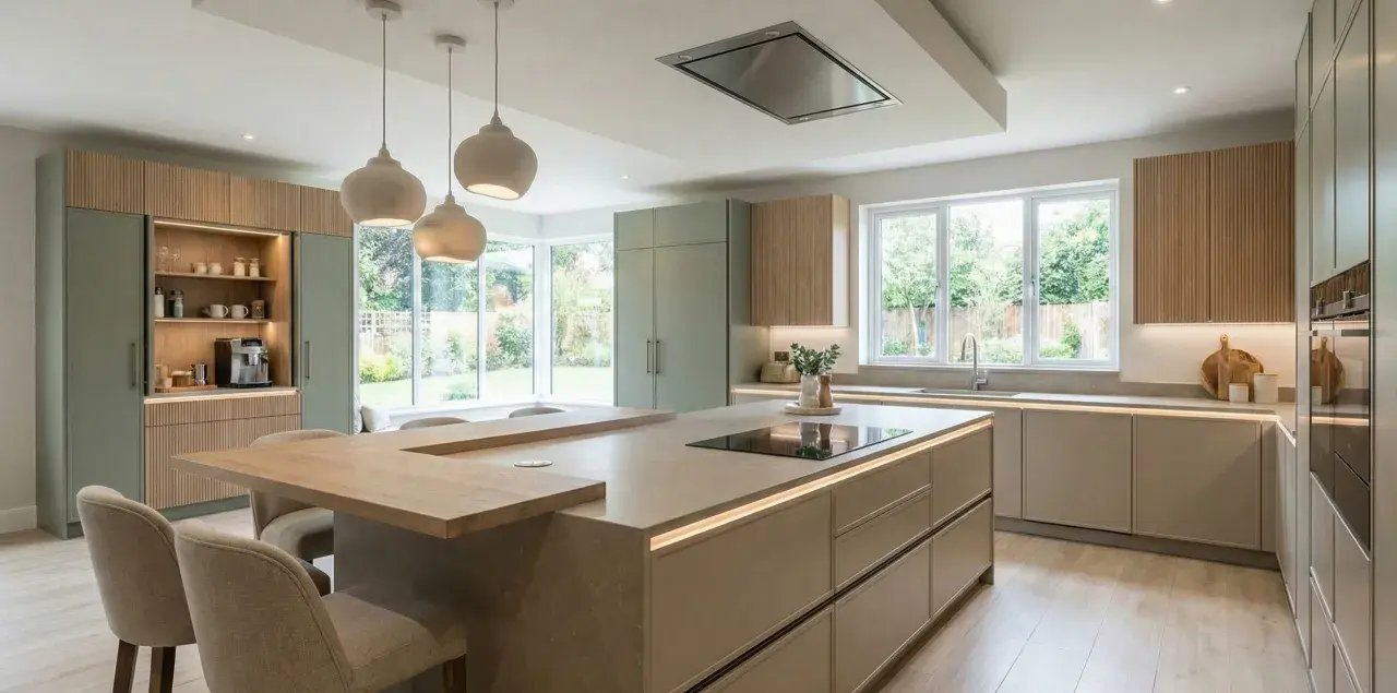 Cocina moderna con isla central, gabinetes verdes y de madera, perfecta para reformar cocina sin obras.