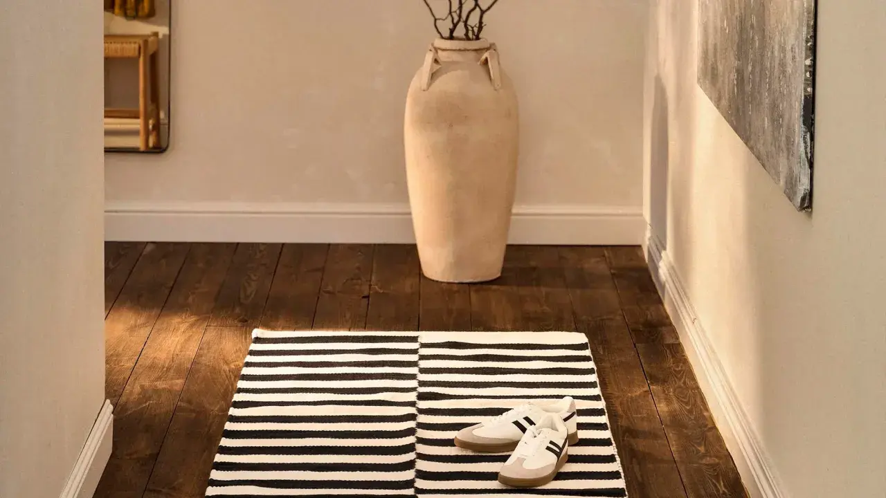 Alfombra pasillero a rayas blancas y negras, con zapatillas deportivas y un jarrón grande.
