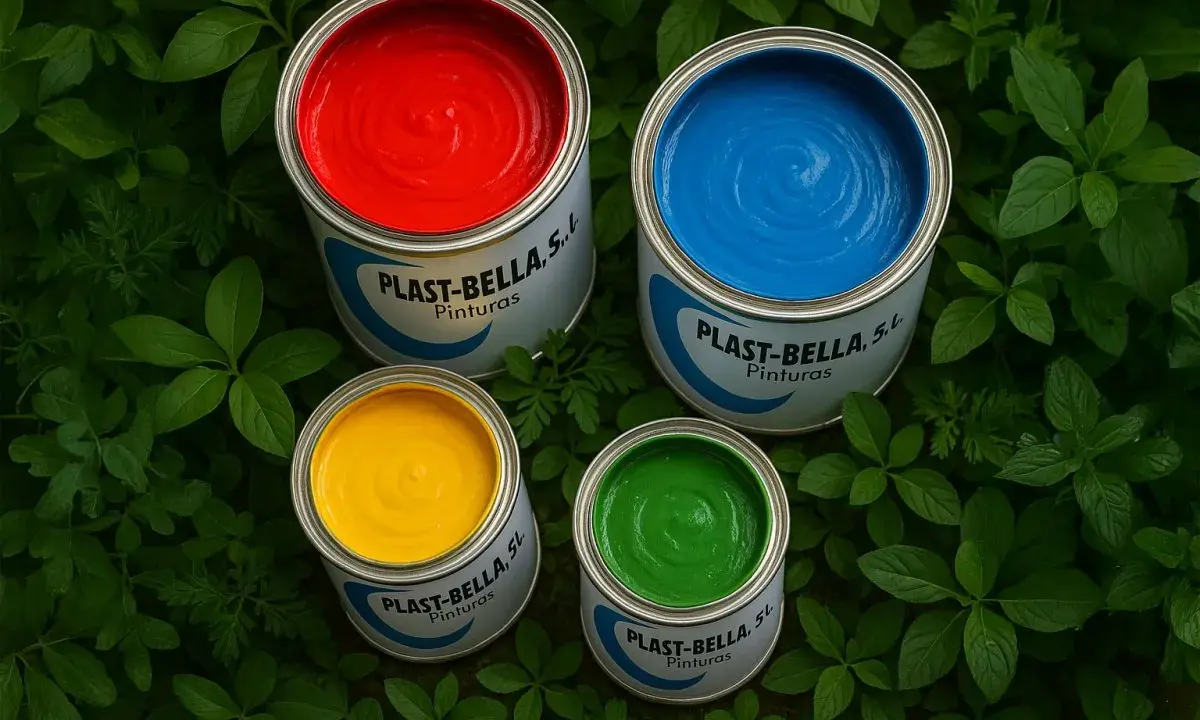 Latas de pintura para pintar plástico en rojo, azul, amarillo y verde, rodeadas de hojas verdes.