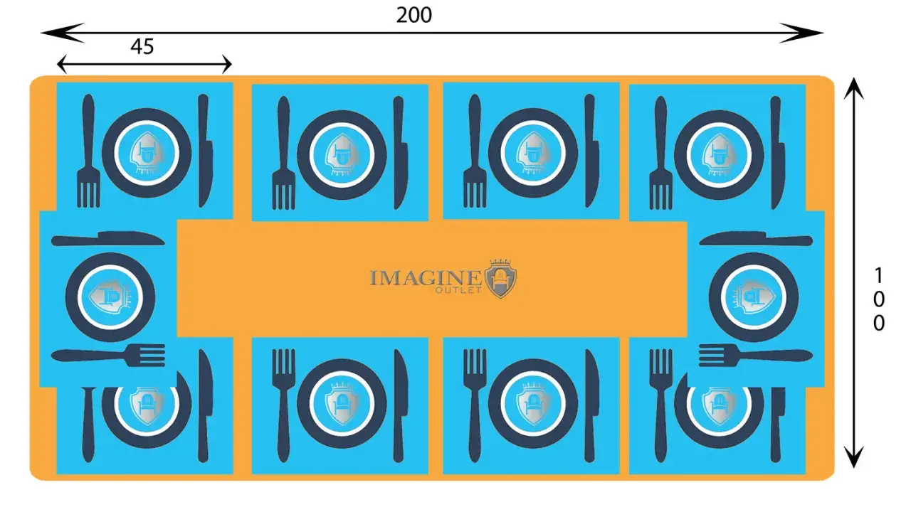 Diagrama de mesa de comedor para 4 personas, con medidas de 200x100 cm. Cada puesto incluye plato, tenedor y cuchillo.