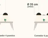 Ilustración muestra la altura lampara mesa comedor. Dos mesas con lámparas colgantes de 35 cm de diámetro, una para 4 puestos y otra para 6.