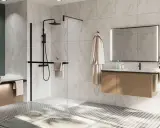 Modern bathroom with a walk-in shower, bathtub, and vanity. Las duchas de obra a ras de suelo fotos muestran un diseño elegante.
