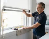 Técnico instala sistema para motorizar persianas, mostrando el motor y el control en un móvil.