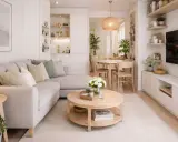 Un salón acogedor y luminoso, perfecto para el tiny living. Sofá modular, mesa de centro redonda y rincón de comedor.