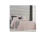 Colchas antilo outlet: cama vestida con colcha rosa acolchada y cojines grises y rosas.