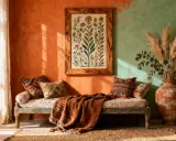 Sofá de estilo boho chic con cojines étnicos, manta de terracota y cuadro de flores. Paredes en naranja y verde.