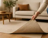 Mano desplegando una alfombra de algodón beige en una sala de estar con sofá y mesa de centro.
