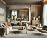 Elegante salón con sofás blancos y cojines en tonos tierra y verde azulado. Paredes en verde salvia, inspirando colores de moda para pintar casa.