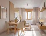 Un salón comedor alargado con mesa redonda y sillas, sofá, estantería flotante y ventana.