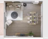Vista aérea de un salón-comedor moderno. El salón tiene un sofá beige, mesa de centro redonda y sillón. El comedor, con mesa de madera y seis sillas, se ubica junto a la ventana. Las medidas del salón son ideales para este diseño.