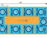 Diagrama de mesa de comedor para 4 personas, con medidas de 200x100 cm. Cada puesto incluye plato, tenedor y cuchillo.