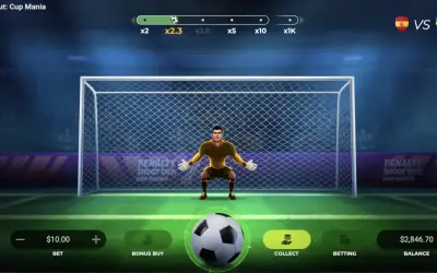 Modo demo de Penalty Shoot Out de Evoplay: para qué sirve. Pantalla de juego de fútbol con portero, balón y opciones de apuesta.