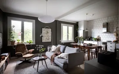 Un salón rectangular amueblado con sofá gris, sillón marrón, mesa de centro y alfombra. Cocina abierta con mesa de comedor.