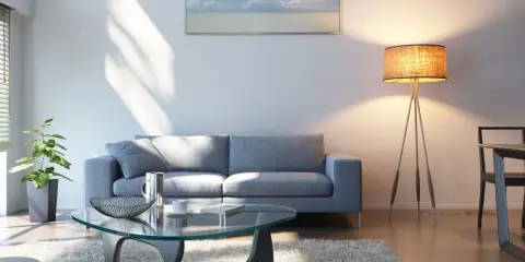 Sofá gris oscuro, mesa de cristal, alfombra mullida y lámpara de pie. Un espacio acogedor para relajarse.