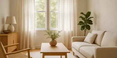 Sofá beige y silla de madera con asiento de lino tejido, junto a una mesa de centro de madera y cortinas claras.
