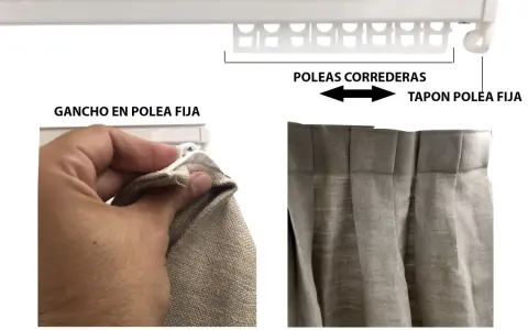 Detalle de cómo colgar cortinas: gancho en polea fija y poleas correderas en riel blanco.