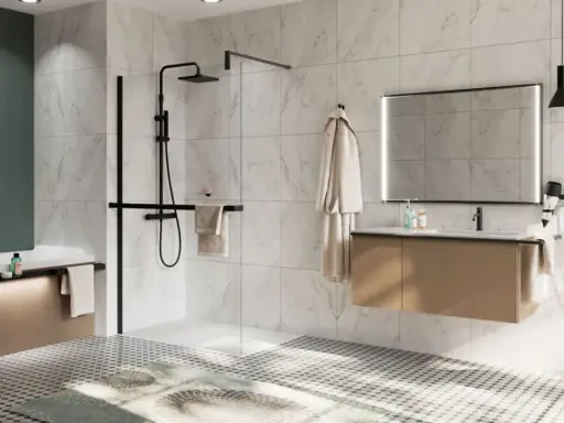 Modern bathroom with a walk-in shower, bathtub, and vanity. Las duchas de obra a ras de suelo fotos muestran un diseño elegante.